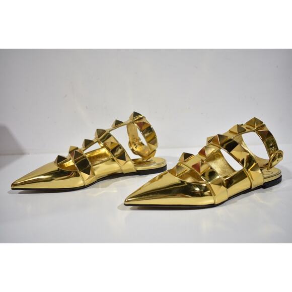 Valentino Rockstud Gold Pyramid Stud Pointed Ankle Strap Ballerina Flat 36.5 - Picture 9 of 12
